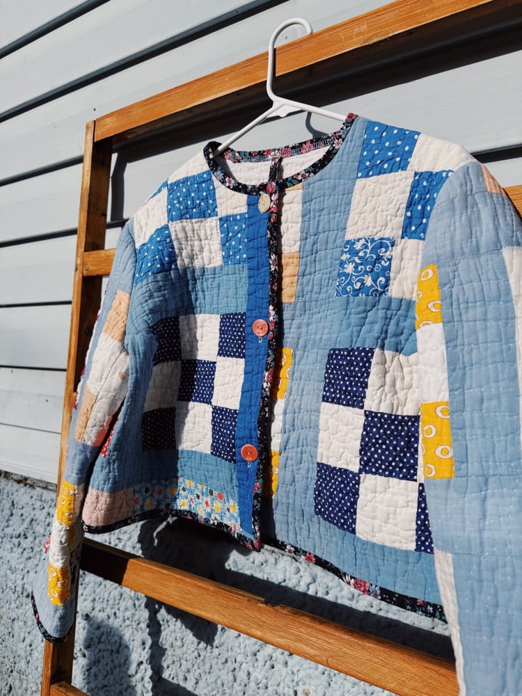 Image of Quilt Collared Cropped Coat — Slate Patchwork