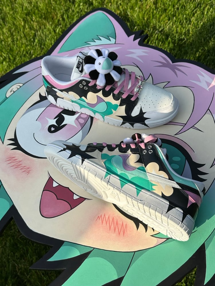 Image of Pink Acid Handpanited Nike Dunk w/ Custom Murakami Flower. 1 of 1. Made by @tylr.iii
