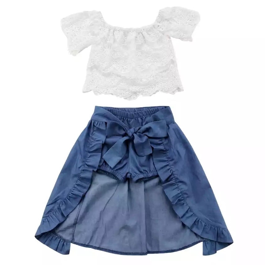 Girls Off Shoulder Lace Top, Shorts and Hi-Lo Skirt