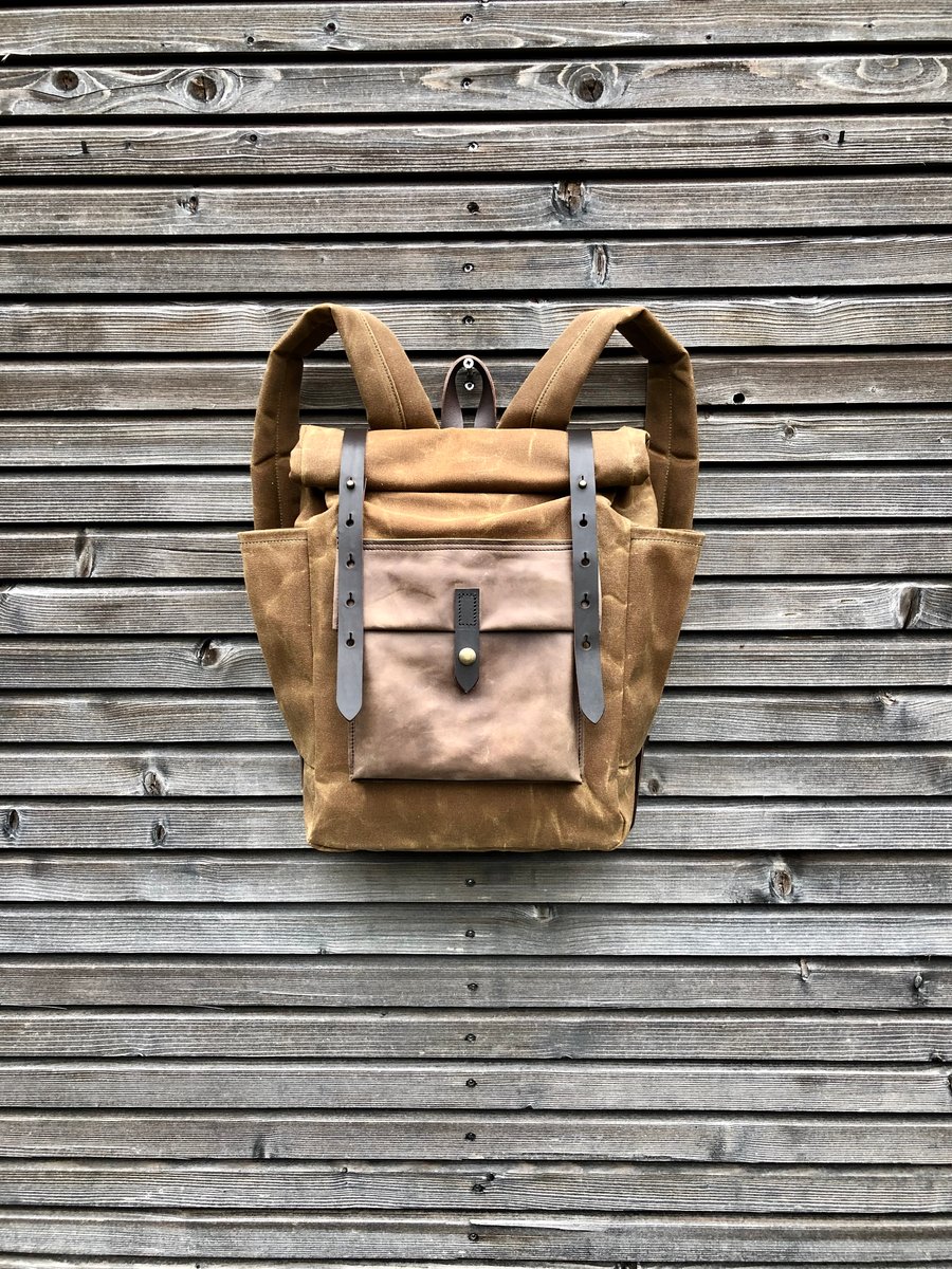 Image of Waxed canvas backpack with roll up top and double bottle pocket COLLECTION UNISEX