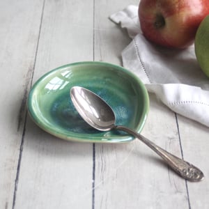 Image of Medium Spoon Rest in Shimmering Green Glaze, Handcrafted Coffee Spoon Dish, Made in USA
