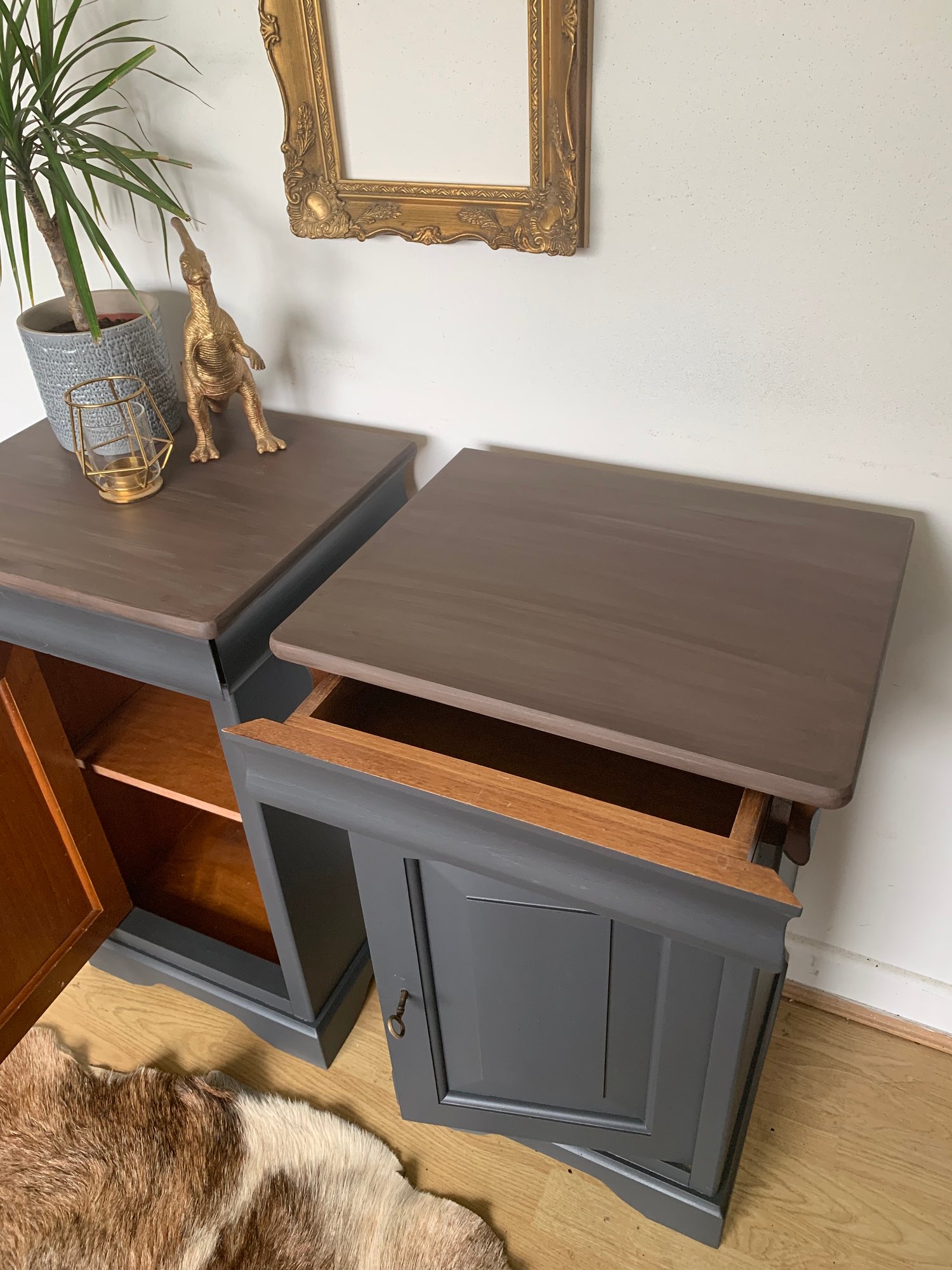 Image of A pair of stunning dark grey solid wooden bedside tables with key.