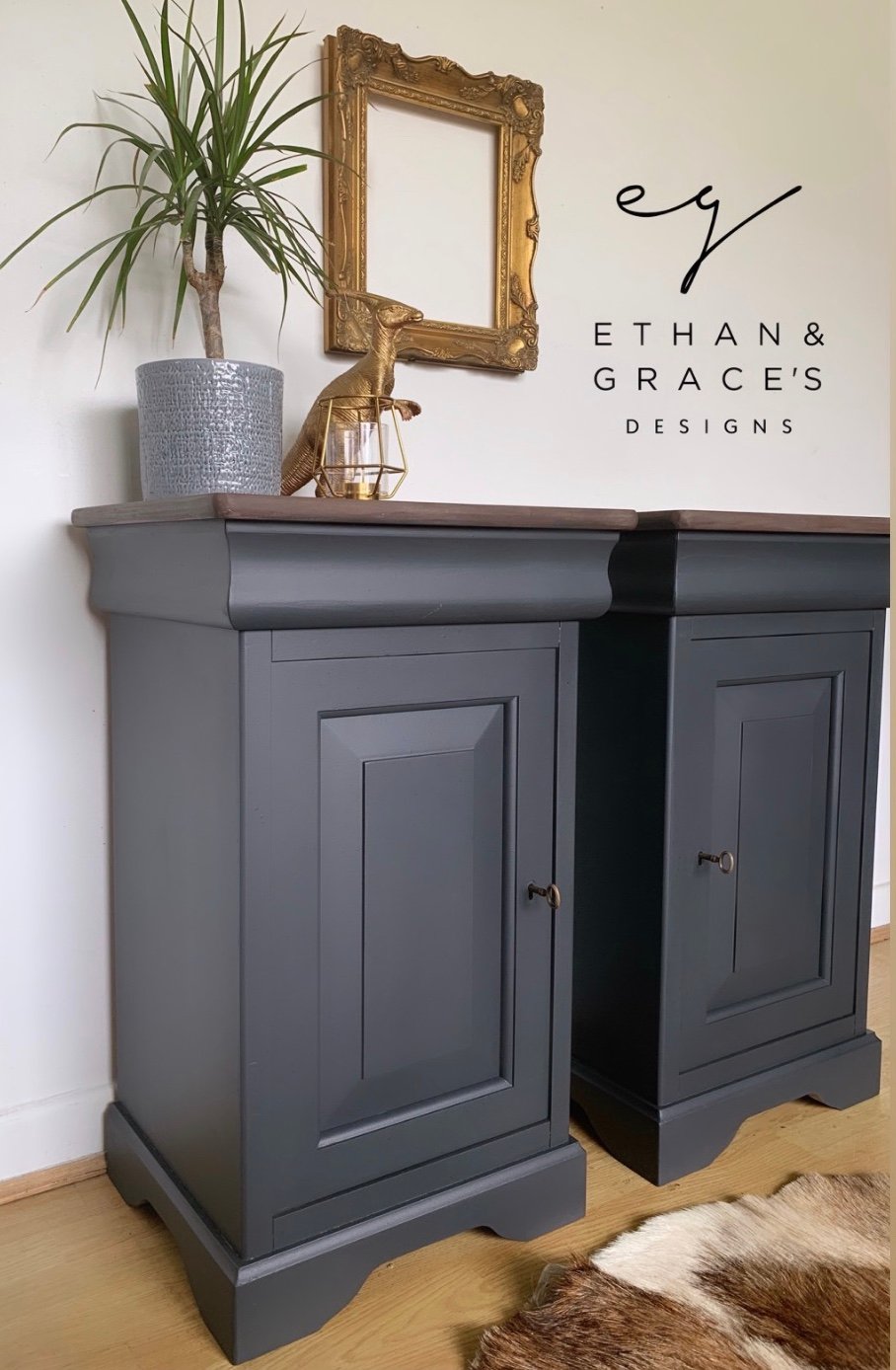 Image of A pair of stunning dark grey solid wooden bedside tables with key.