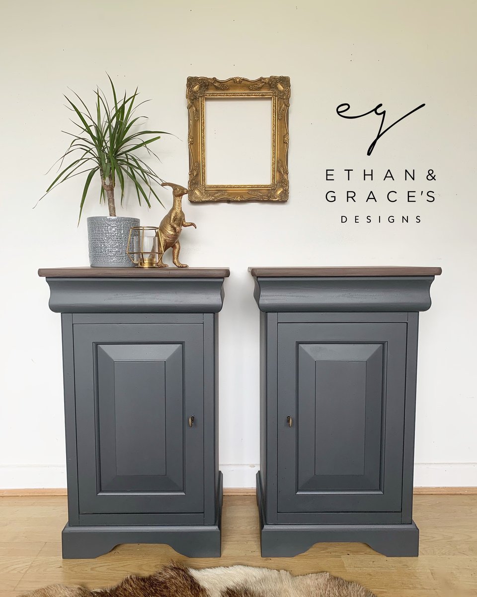A pair of stunning dark grey solid wooden bedside tables with key. Ethan and Grace's Designs