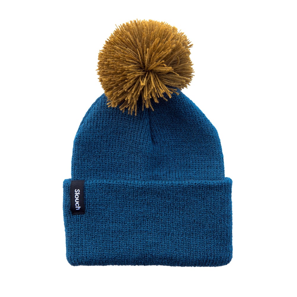 Blue Knit Cuff Pom Beanie / Slouch Headwear