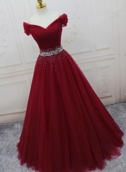 Beautiful Dark Red Tulle Beaded Long Prom Gown, Off Shoulder Prom Dress | BeMyBridesmaid Beautiful Dark Red Tulle Beaded Long Prom Gown, Off Shoulder Prom Dress | BeMyBridesmaid