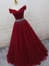 Beautiful Dark Red Tulle Beaded Long Prom Gown, Off Shoulder Prom Dress