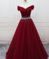 Beautiful Dark Red Tulle Beaded Long Prom Gown, Off Shoulder Prom Dress