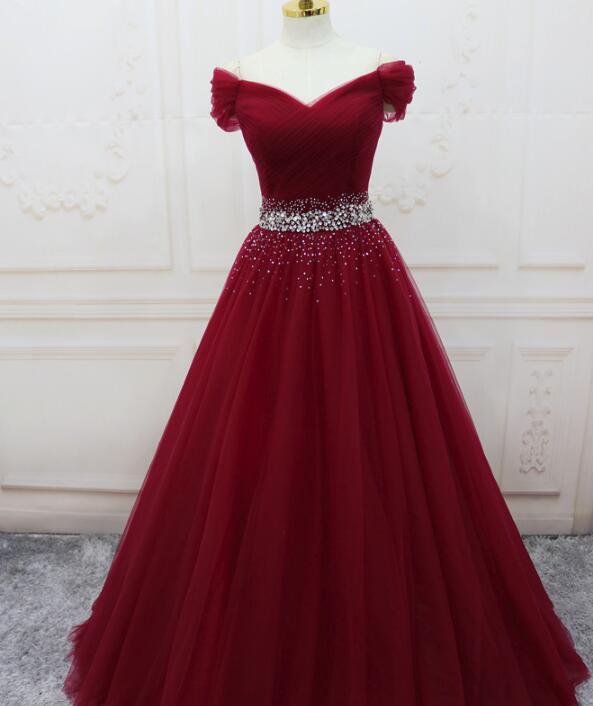 Beautiful Dark Red Tulle Beaded Long Prom Gown, Off Shoulder Prom Dress | BeMyBridesmaid Beautiful Dark Red Tulle Beaded Long Prom Gown, Off Shoulder Prom Dress | BeMyBridesmaid