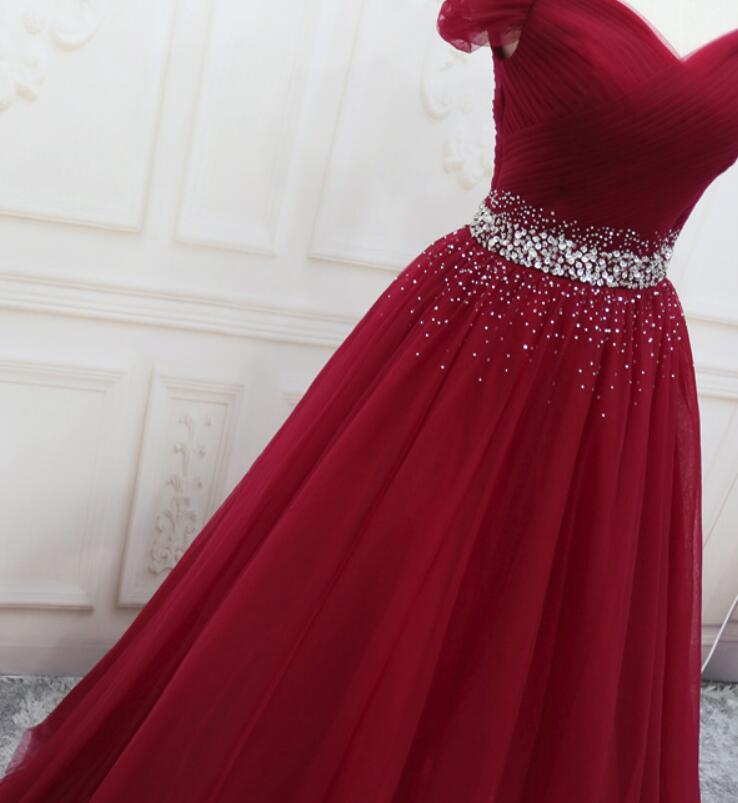 Beautiful Dark Red Tulle Beaded Long Prom Gown, Off Shoulder Prom Dress | BeMyBridesmaid Beautiful Dark Red Tulle Beaded Long Prom Gown, Off Shoulder Prom Dress | BeMyBridesmaid