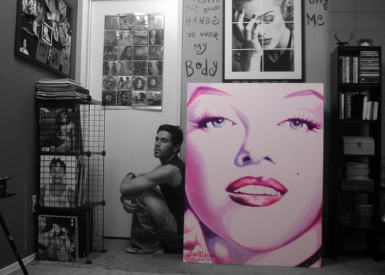 Image of Signed 5"x7" photo of artist Nick San Pedro with his 1st Marilyn painting.