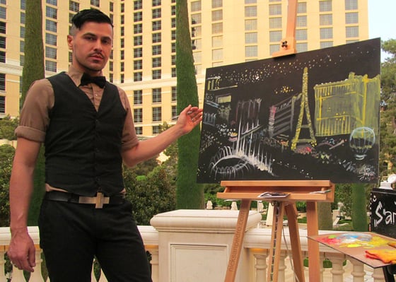Image of Signed 5"x7" photo of artist Nick San Pedro painting live at Bellagio in Las Vegas, NV.