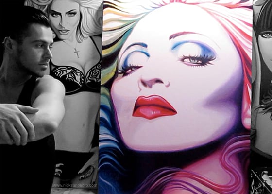 Image of Signed 5"x7" photo of artist Nick San Pedro with some of his Madonna paintings.