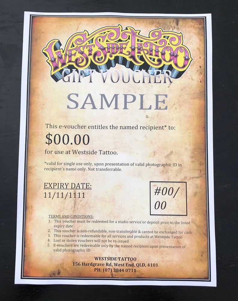 Image of Westside Tattoo Mermaid Beach E-Voucher (via email) : all amounts from $50