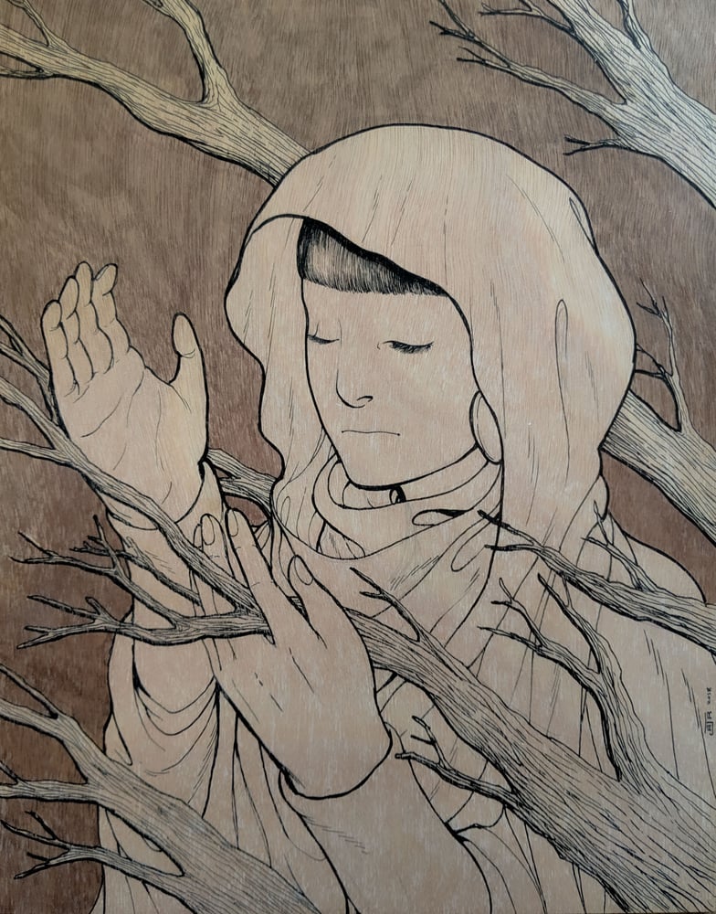 Image of "Priestess of the Dead Forest" - Ink on Wood