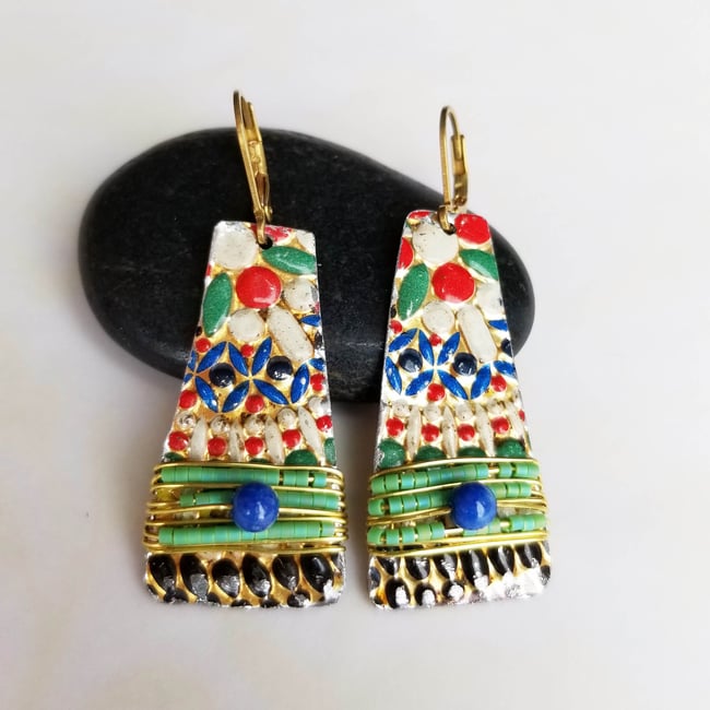 Multi-Color Mosaic Vintage Tin Earrings