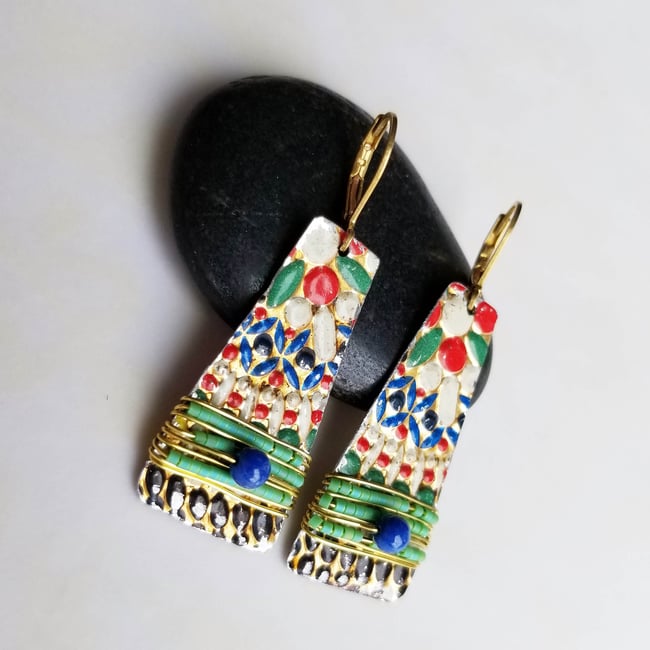 Multi-Color Mosaic Vintage Tin Earrings