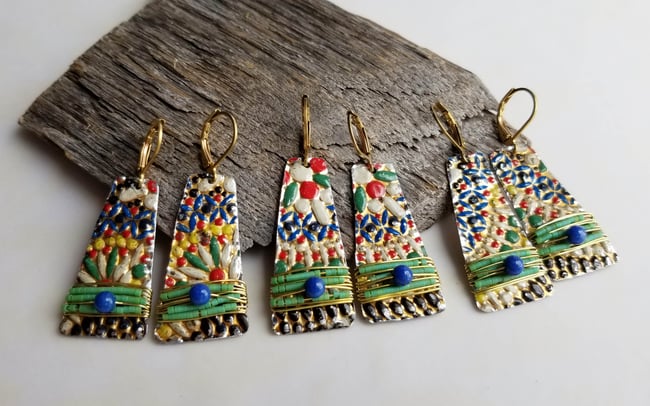 Multi-Color Mosaic Vintage Tin Earrings