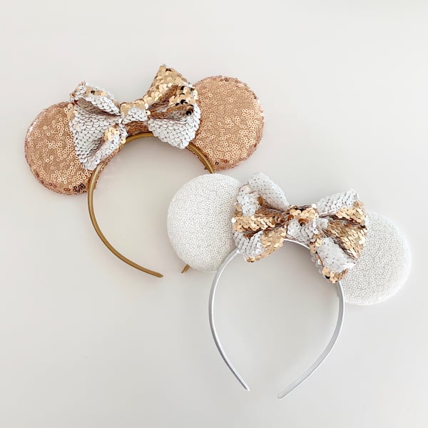 Image of Rose Gold and White Mouse Ears with Flip Sequin Bow