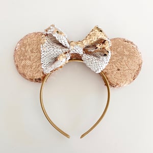 Image of Rose Gold and White Mouse Ears with Flip Sequin Bow