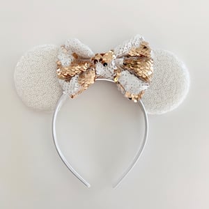 Image of Rose Gold and White Mouse Ears with Flip Sequin Bow