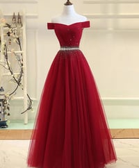 Image 1 of Beautiful Dark Red Tulle Beaded Long Formal Dress, New Prom Dress