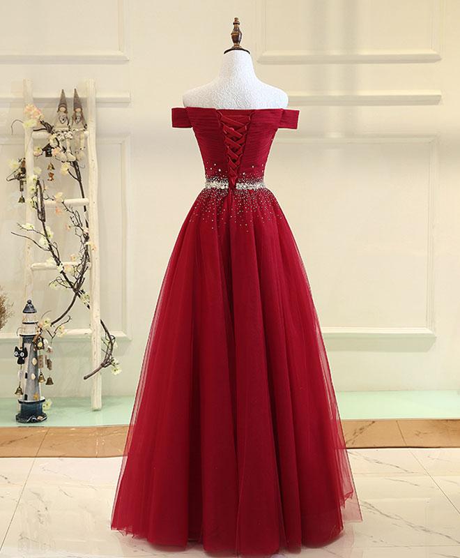 dark red off the shoulder prom dress