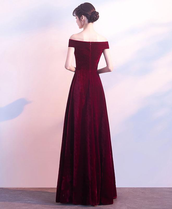Dark Red Velvet Long Bridesmaid Dress, Elegant Off the Shoulder Party Dress