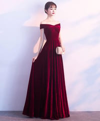 Image 1 of Dark Red Velvet Long Bridesmaid Dress, Elegant Off the Shoulder Party Dress