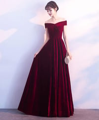 Image 3 of Dark Red Velvet Long Bridesmaid Dress, Elegant Off the Shoulder Party Dress