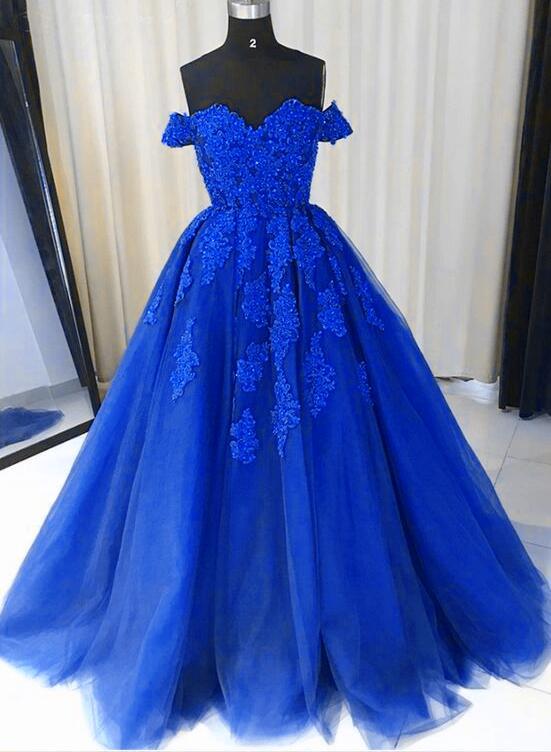 Beautiful Royal Blue Tulle Long Party Dress, Off Shoulder Sweet 16 Gowns | BeMyBridesmaid Beautiful Royal Blue Tulle Long Party Dress, Off Shoulder Sweet 16 Gowns | BeMyBridesmaid