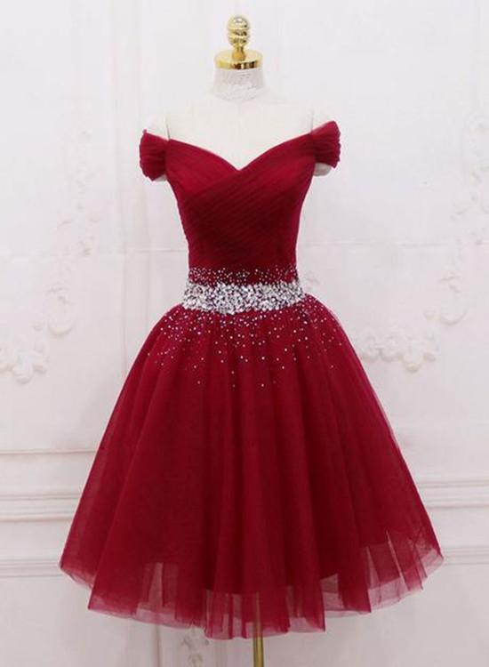 Dark Red New Homecoming Dress, Short Tulle Beaded Short Prom Dress