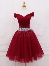 Image 1 of Dark Red New Homecoming Dress, Short Tulle Beaded Short Prom Dress