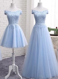Image 1 of Pretty Light Blue Off the Shoulder Simple Prom Dress, Bridesmaid Dresses