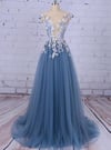 Gorgeous Blue Tull with Flowers A-line Formal Dress, Blue Gowns