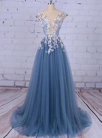 Image 1 of Gorgeous Blue Tull with Flowers A-line Formal Dress, Blue Gowns