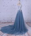 Gorgeous Blue Tull with Flowers A-line Formal Dress, Blue Gowns