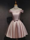 Pink Off the Shoulder Satin Knee Length Homecoming Dress, Short Prom Dress