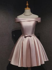 Image 1 of Pink Off the Shoulder Satin Knee Length Homecoming Dress, Short Prom Dress