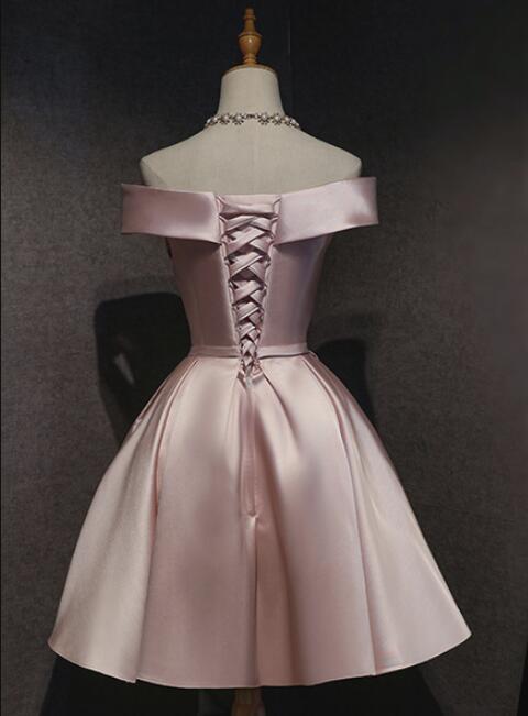 Pink Off the Shoulder Satin Knee Length Homecoming Dress, Short Prom Dress