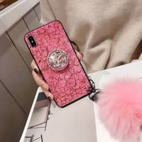 Pink marble case w/pop socket and fur ball 