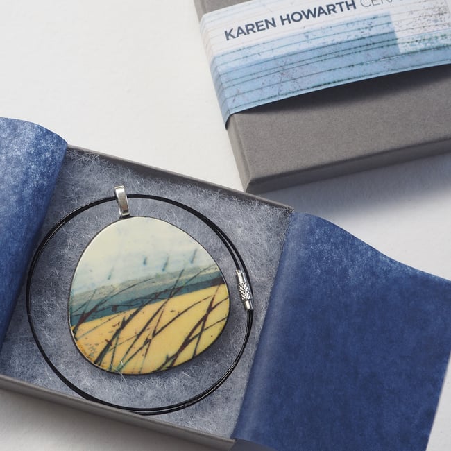 Colourful Statement Porcelain Necklace, Handmade Ceramic Pendant, Coastal Colours (Rounded)