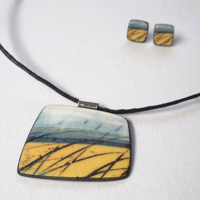 Contemporary Statement Porcelain Ceramic Necklace, Handmade Pendant, Coastal Colours (Squared)