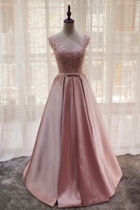 Image 1 of Pink Satin Long Elegant Lace-up New Party Dress, Pink Formal Gown