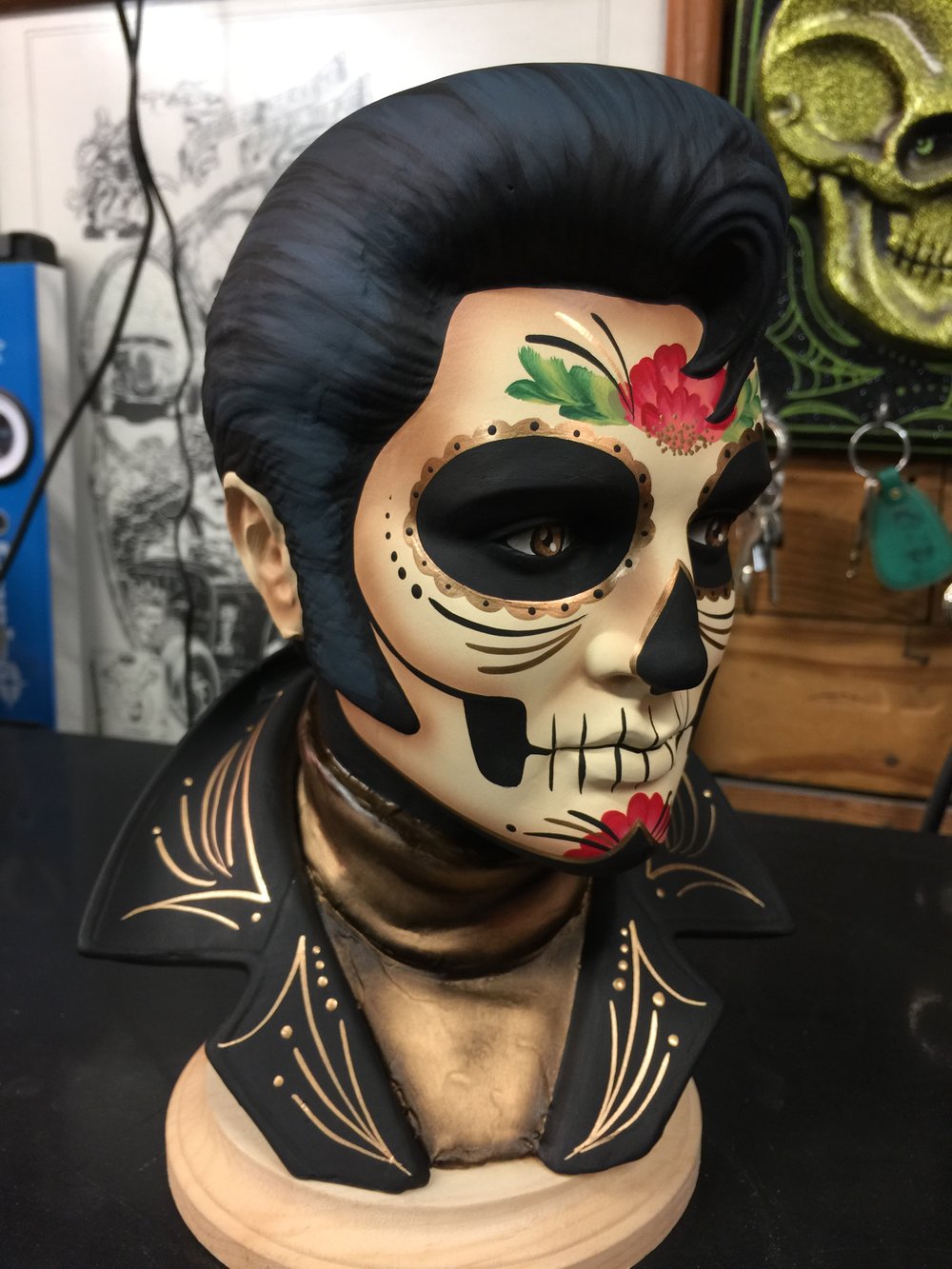 Gold Day of the Dead Ceramic Elvis Bust