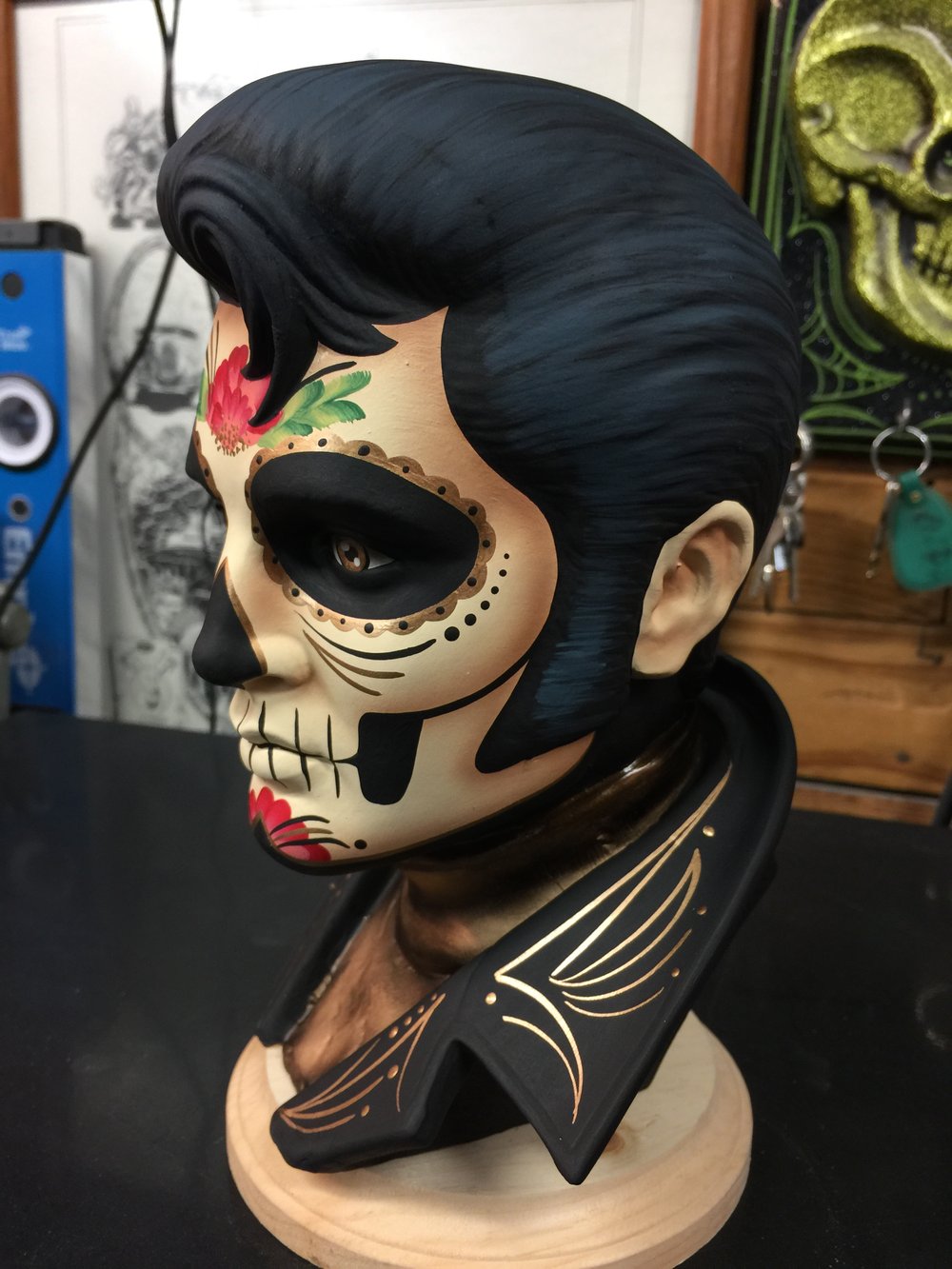 Gold Day of the Dead Ceramic Elvis Bust