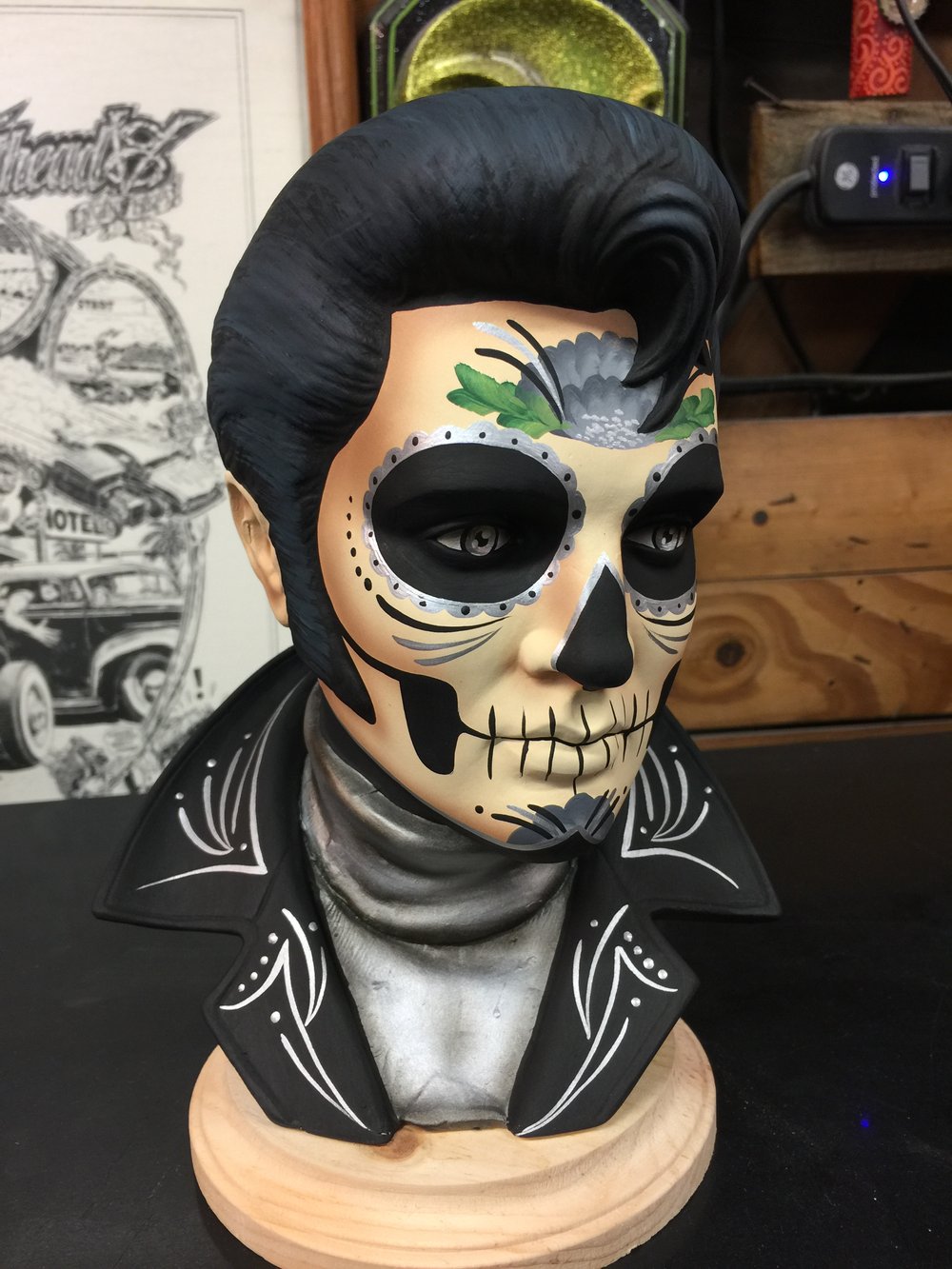 Silver Day of the Dead Ceramic Elvis Bust