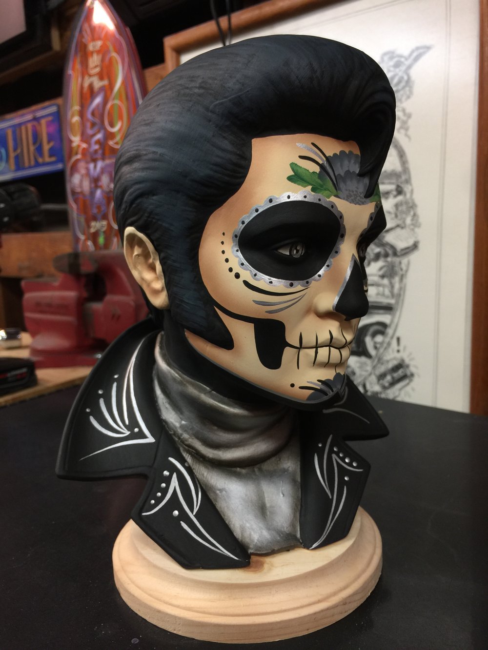 Silver Day of the Dead Ceramic Elvis Bust