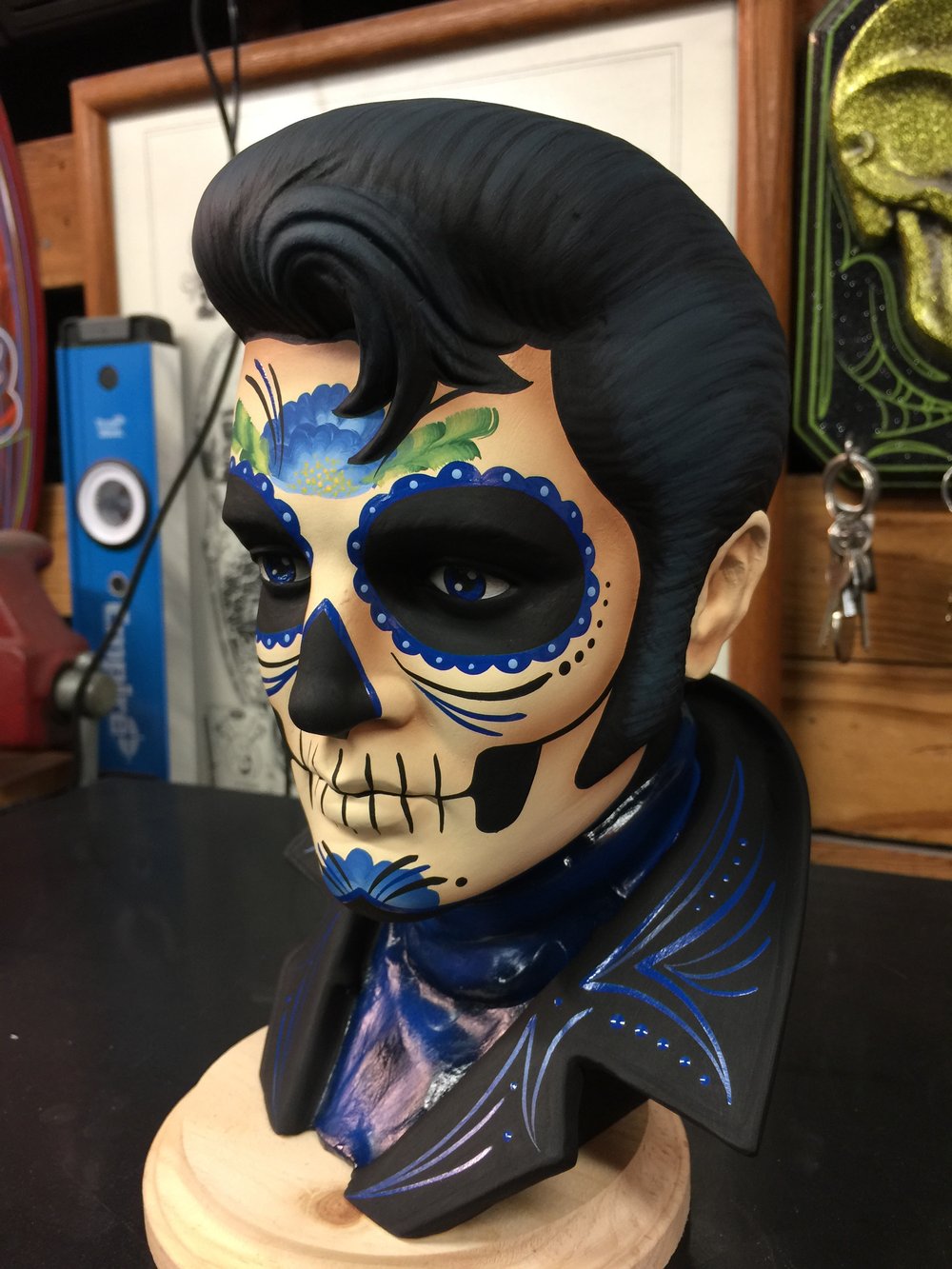 Royal Blue Day of the Dead Ceramic Elvis Bust