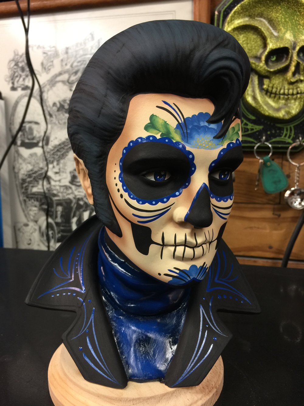 Royal Blue Day of the Dead Ceramic Elvis Bust